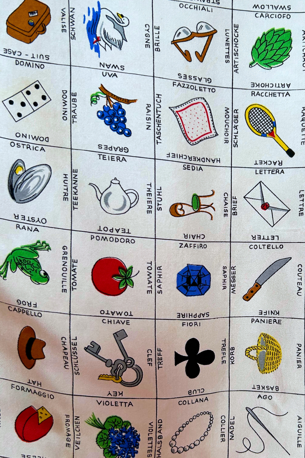 Foulard en soie quadrilingue