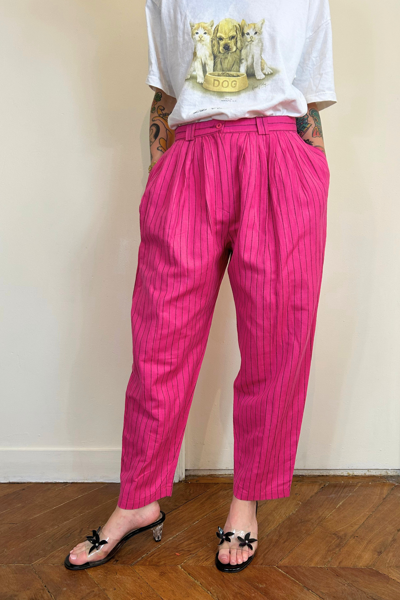 Pantalon fushia rayé T.36/38