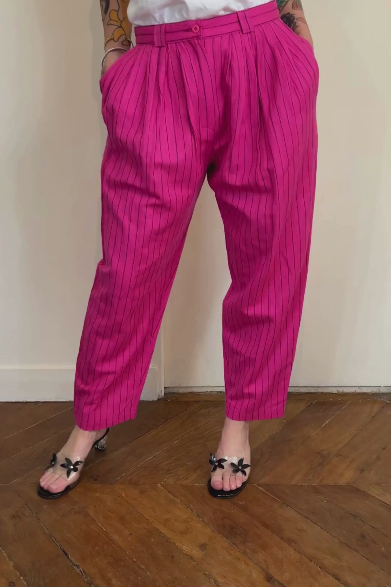 Pantalon fushia rayé T.36/38